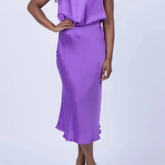 Xirena Purple 100% Silk Textured Audrina Midi Skirt Stretchy Satin Size Medium